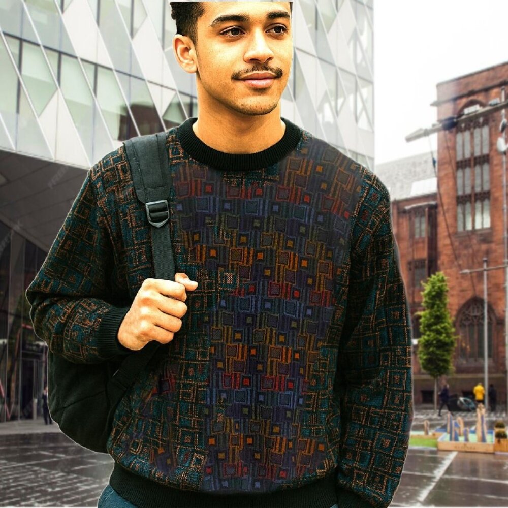 TRICOTS ST RAPHAEL Earthy Palette Geometric Motif 100% Merino Wool Sweater Sz L